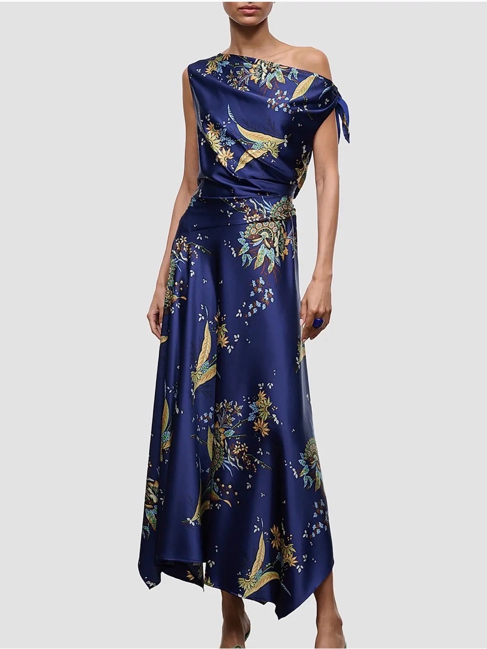 STAUD Navy Blue Floral One-Shoulder Satin Dress with Gold Accents
